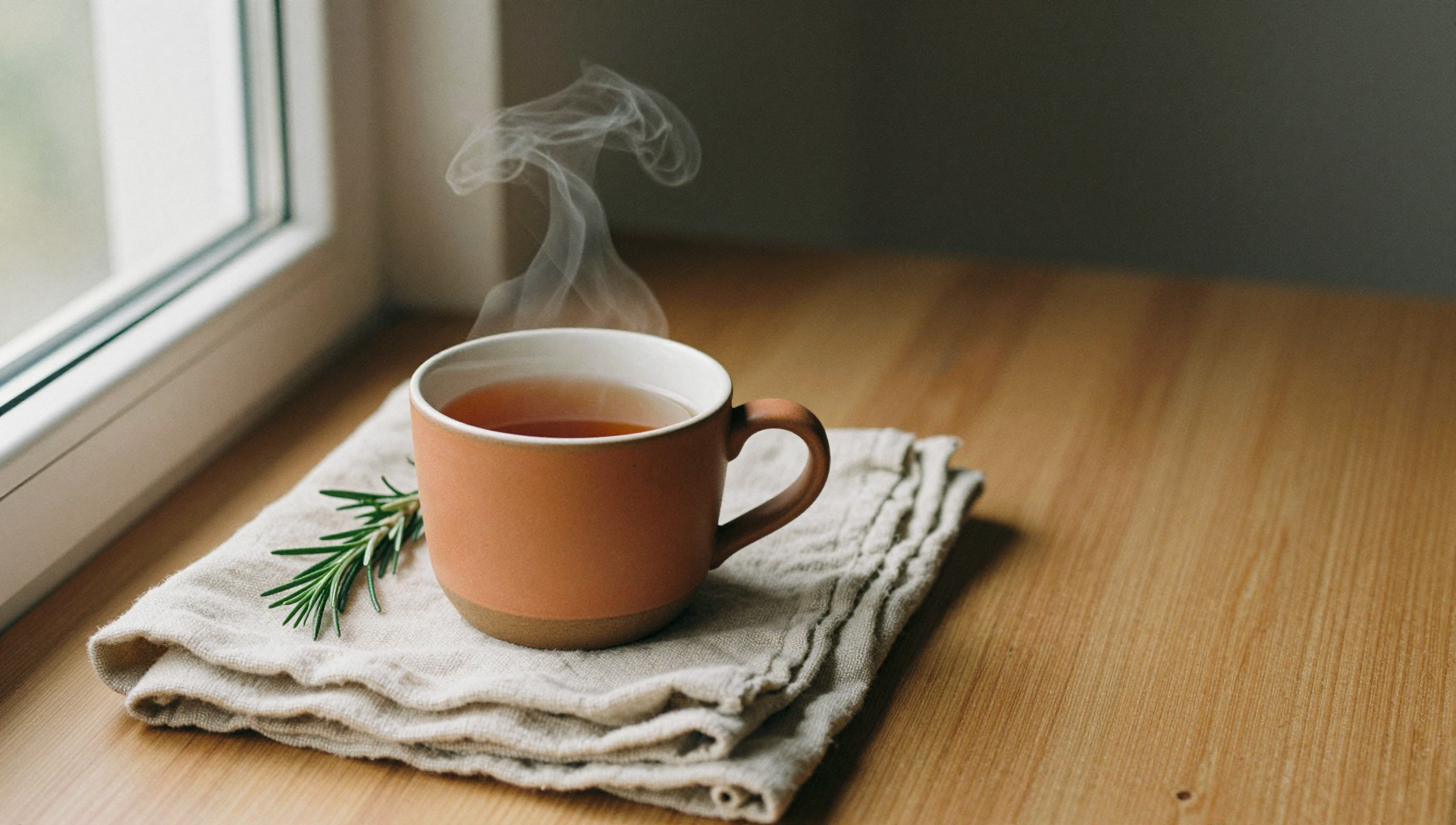 Overhead view of a terracotta mug of tea on folded linen with a sprig of rosemary